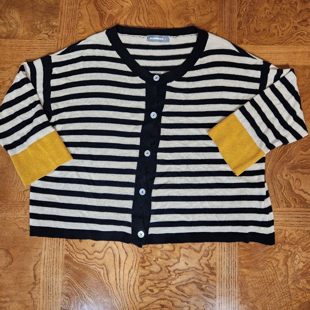 Alembika Stripe Cardigan Small Cotton Arylic Blend Lagenlook 3/4 Sleeve
